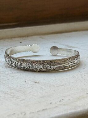 Silver Floral Engraved Cuff Bracelet Stainless Steel Adjustable Boho